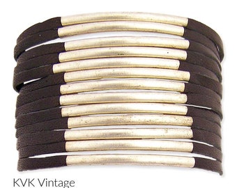 Black Leather & Silver Bar Wide Cuff Bracelet - Boho Bracelet - Leather Bracelet - Bohemian Jewelry