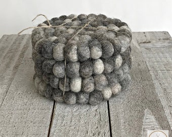 Mixed Gray Wool Felt Ball Coasters Set - Chic Bar and Kitchen Decor, Drink Coasters, Set of 4