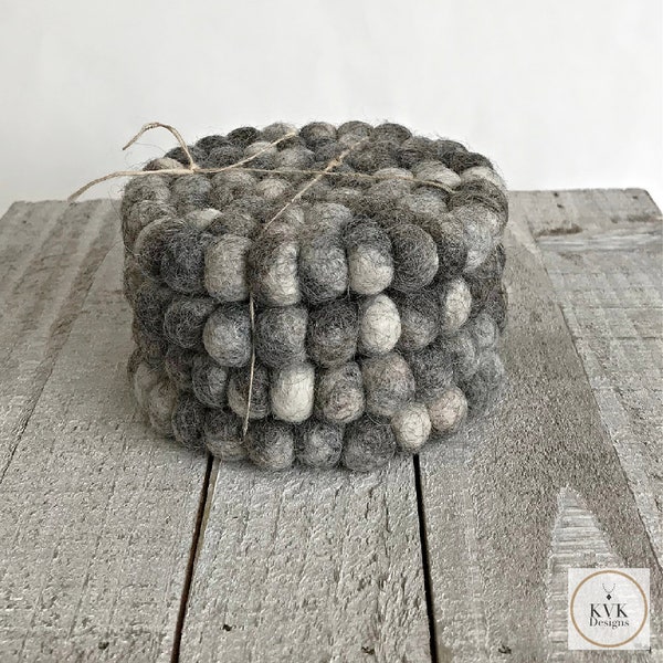 Mixed Gray Wool Felt Ball Coasters Set - Chic Bar and Kitchen Decor, Drink Coasters, Set of 4