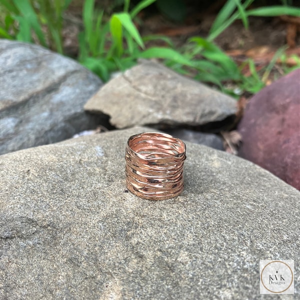 Rose Gold Textured Band Ring - Boho Ring, Wide Band Ring, Unique Statement Jewelry