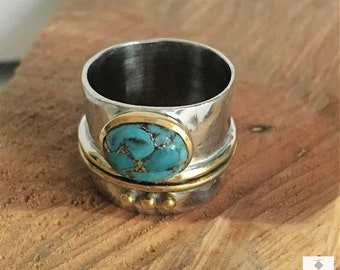 Turquoise Hammered Silver Band Ring - Handcrafted Boho Jewelry