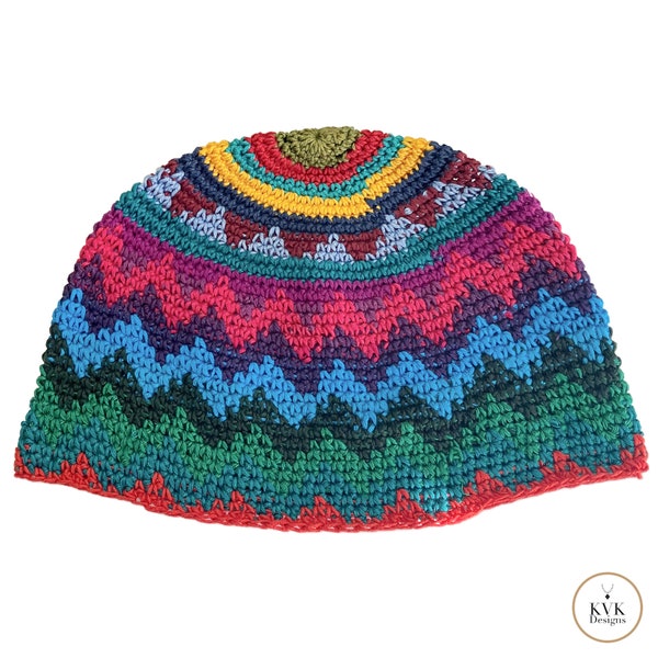 Rainbow Zig Zag Kufi Skull Cap - Stylish Crocheted Beanie Hat, Ethically sourced