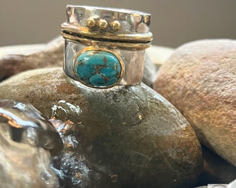 Turquoise Hammered Silver Band Ring - Handcrafted Boho Jewelry