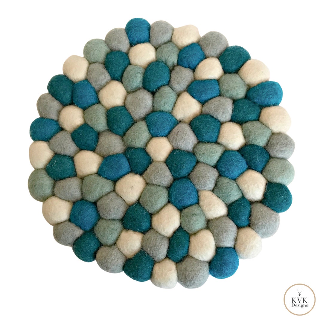 Blue Felt Ball Wool Trivet, Trivets, Felted Wool, Gift for Her, Stylish
