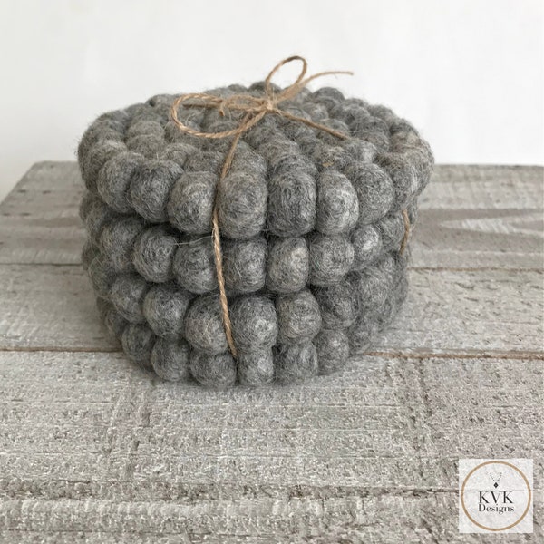 Set of 4 Gray Felt Ball Wool Coasters - Drink Coasters, Stylish Kitchen Decor and Bar Accessories