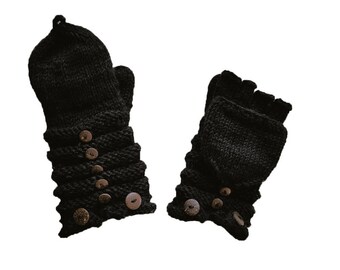 Black Wool Knit Mittens with Wood Buttons - Hand Warmers - Fingerless Gloves - Knitted Gloves