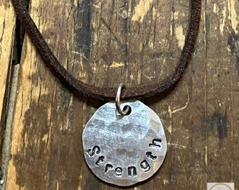 Silver Hammered Pendant Necklace with 'STRENGTH' Stamping