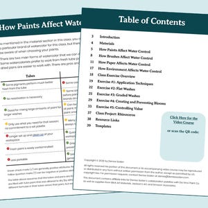 May include: Two white pages of a document with dark teal headers. The left page is titled How Paints Affect Water and features a comparison table for tubes and pans. The right page is a Table of Contents with a box for a video course link.
