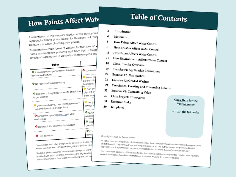 May include: Two white pages of a document with dark teal headers. The left page is titled How Paints Affect Water and features a comparison table for tubes and pans. The right page is a Table of Contents with a box for a video course link.