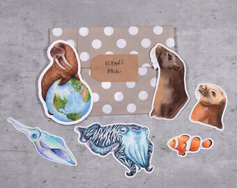 Oceans Sticker Pack | Sea Lion, Walrus, Cuttlefish, Clownfish, Squid, Art Stickers, Marine Animals, Ocean Stickers, Vinyl Sticker