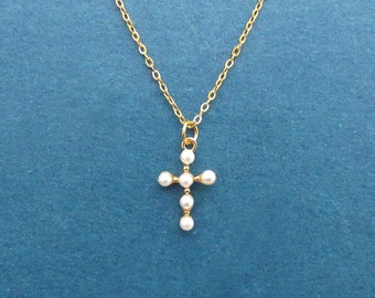 Small pearl cross necklace, Pearl necklace, Pearl Cross Necklace, Pearl Cross, Small Cross, Gift for Her, Cross Pendant, Gold Cross Necklace