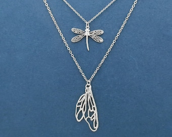 Dragonfly necklace, Wing necklace, Dragonfly and wing necklace, Combo necklace, Combo jewelry, Set necklace, Set jewelry, Gift for her