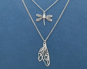 Dragonfly necklace, Wing necklace, Dragonfly and wing necklace, Combo necklace, Combo jewelry, Set necklace, Set jewelry, Gift for her