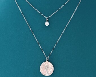 Dragonfly Coin Necklace Set, Gold or Silver Layered Necklace Set, Tiny Cubic Necklace, Nature Inspired Jewelry Gift for Her
