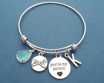 Personalized, Glass, Color, Letter, Initial, You're my person, Pinky promise, Heart, Bangle, Silver, Bracelet, Gift, Jewelry