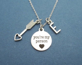 Personalized, Letter, Initial, Cupid, Arrow, Heart, You're my person, Silver, Necklace, Birthday, Lovers, Best friend, Gift, Jewelry