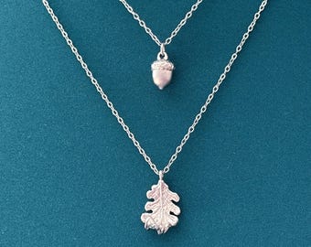 Acorn Necklace Set, Gold or Silver Woodland Necklace Set, Acorn and Oak Leaf Layered Necklace, Nature Jewelry Gift for Her