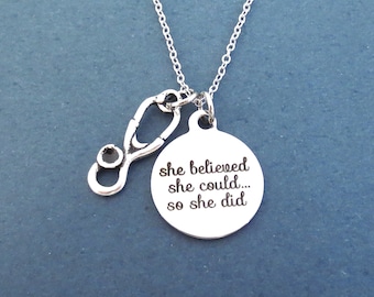 Stethoscope necklace, she believed, she could... so she did necklace, Gift for nurse, Gift for doctor, COVID19 Virus overcome gift