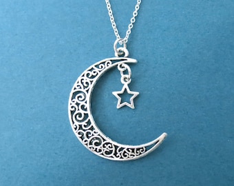 Love you to the moon and back, Crescent, Moon, Star, Silver, Necklace, Moon and star, You and I, Jewelry, Birthday, Lovers, Friends, Gift
