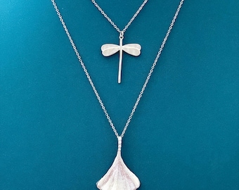 Silver Ginkgo Leaf and Dragonfly Necklace Set, Layered Botanical Necklace Set, Nature Inspired Jewelry Gift for Her