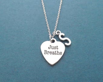 Personalized, Letter, Initial, Just Breathe, Silver, Necklace, Birthday, Best friends, Sister, Valentine, Gift, Jewelry