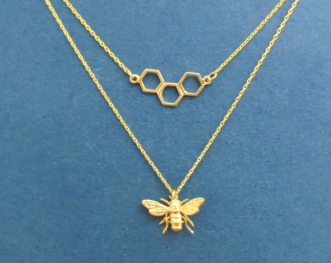 Featured listing image: Bumble Bee necklace, Honey Bee necklace, Save the bees, Bee Comb Necklace, Gold Bee Necklace, Inssect Necklace, Set necklace, Gift for her