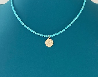 Turquoise Evil Eye Necklace, 3mm Beaded Necklace, Gold or Silver Evil Eye Pendant, Dainty Protective Jewelry Gift for Her