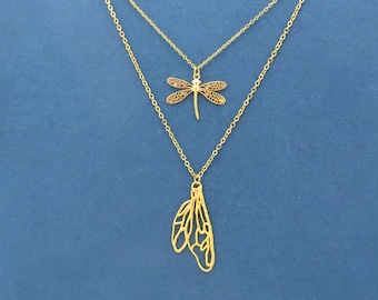 Dragonfly necklace, Wing necklace, Dragonfly and wing necklace, Combo necklace, Combo jewelry, Set necklace, Set jewelry, Gift for her