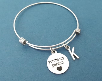 Personalized, Letter, Initial, You're my person, Heart, Silver, Bangle, Bracelet, Birthday, Best friends, Friendship, Gift, Jewelry