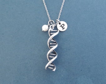Personalized initial disc, White pearl, DNA necklace, Silver necklace, Gift for birthday, Gift for graduation, Gift for survivor