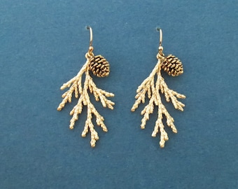 Forest earrings, Gold filled/ Sterling silver/ Rose gold hook earrins, Pine tree earrings, Pine cone earrings, Valentine's day gift