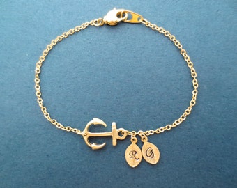 Personalized, 0-5, Letter, Initial, Anchor, Gold, Bracelet, Nautical, Marine, Bracelet, Birthday, Best friends, Christmas, Gift, Jewelry