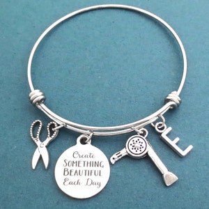 Personalizado, Letra, Inicial, Crea ALGO HERMOSO cada día, Secador de pelo, Tijeras, Plata, Brazalete, Pulsera, Regalo, Joyería