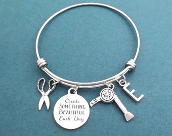 Personalized, Letter, Initial, Create SOMETHING BEAUTIFUL Each Day, Hair dryer, Scissors, Silver, Bangle, Bracelet, Gift, Jewelry