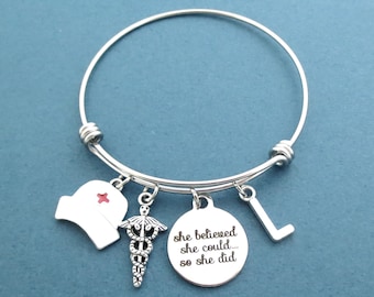 Personalized, Letter, Initial, She belived, she could... so she did, Nurse, Cap, Medical, Insignia, Silver, Bangle, Bracelet, Gift, Jewelry