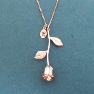 Personalized jewelry 0-4 Initial leaf necklace Belle vertical rose necklace Gold Silver Rose gold necklace Initial rose necklace