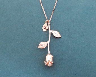 Personalized jewelry 0-4 Initial leaf necklace Belle vertical rose necklace Gold Silver Rose gold necklace Initial rose necklace