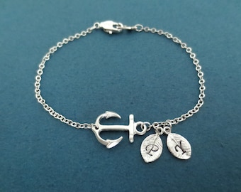 Personalized, Letter, Initial, Marine, Nautical, Anchor, Silver, Bracelet, Custom, Hand stamped, Lovers, Best friends, Gift, Jewelry