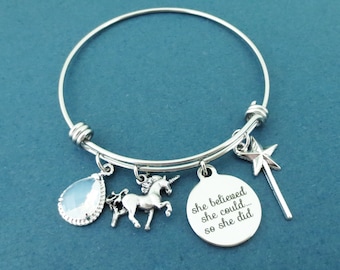 Personalized, Glass, Color, Unicorn, She belived, She could..., So she did, Magic, Wand, Silver, Bangle, Bracelet, Birthday, Gift, Jewelry
