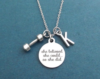 Personalized, Letter, Initial, She believed, she could..., so she did, Dumbbell, Silver, Necklace, Workout, Exercises, Achievement, Jewelry