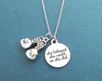 She believed, She could, so she did, Boxing gloves, Silver, Necklace, Birthday, Best friends, Sister, Gift, Jewelry
