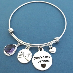 Personalized, Color, Stone, You&#39;re my person, Pinky, Promise, Heart, Silver, Bangle, Bracelet, Birthday, Lovers, Best friends, Gift, Jewelry