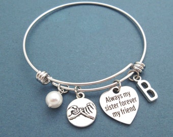 Always my sister forever my friend, Pearl, Personalized, Letter, Initial, Pinky promise, Bangle, Bracelet, Promise, Bangle, Gift, Jewelry
