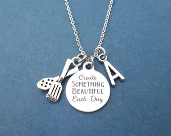 Personalized, Letter, Initial, Create SOMETHING BEAUTIFUL Each Day, Cooking, Tongs, Silver, Necklace, Gift, Jewelry