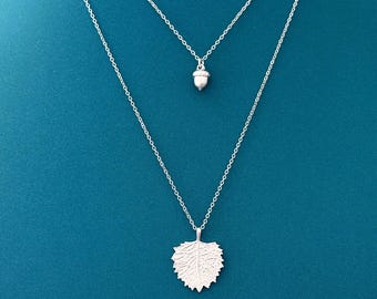 Acorn and Leaf Necklace Set, Gold or Silver Layered Necklace Set, Nature Leaf Necklace, Woodland Jewelry Gift for Her