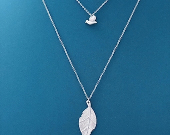 Silver Bird & Leaf Necklace Set, Bird Necklace, Leaf Pendant Necklace, Nature Jewelry, Layering Necklace Set, Gift for Her