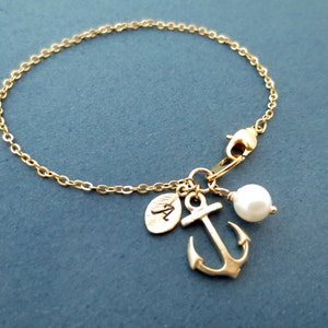 Personalized, Letter, Initial, Pearl, Gold, Anchor, Bracelet, Marine, Anchor, Jewelry, Birthday, Best friends, Sister, Gift, Jewelry