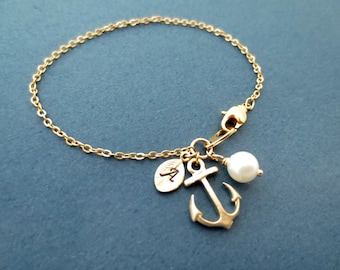 Personalized, Letter, Initial, Pearl, Gold, Anchor, Bracelet, Marine, Anchor, Jewelry, Birthday, Best friends, Sister, Gift, Jewelry