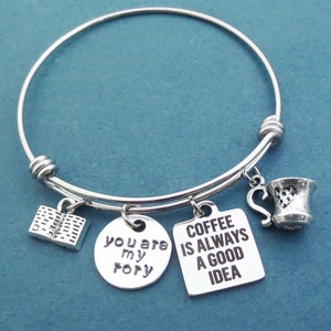 Tu es mon rory, le café est toujours une bonne idée, café, tasse, livre, argent, bracelet jonc, bracelet, Rory, Lorelai, Gilmore, cadeau, bijoux image 1