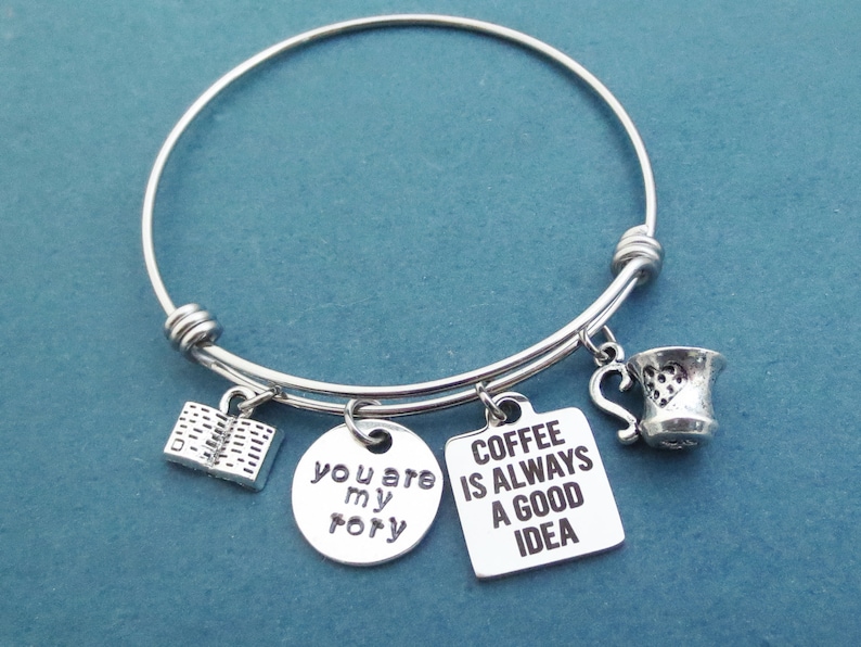 Tu es mon rory, le café est toujours une bonne idée, café, tasse, livre, argent, bracelet jonc, bracelet, Rory, Lorelai, Gilmore, cadeau, bijoux image 1